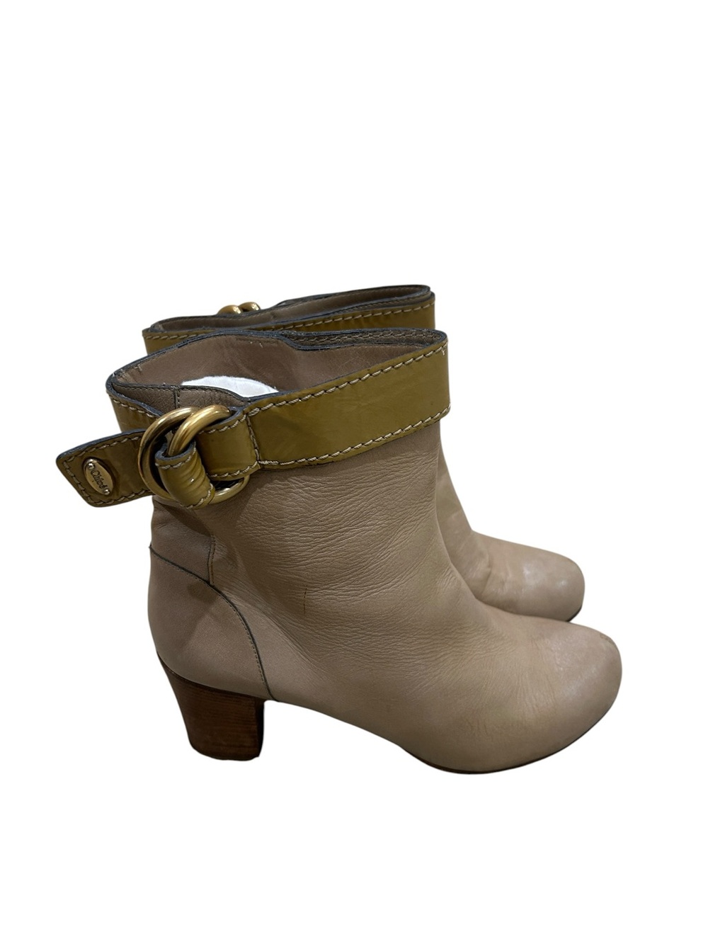 Chloe Beige Leather Ankle Boots with Olive Strap & Gold Buckle Italy size EU 39